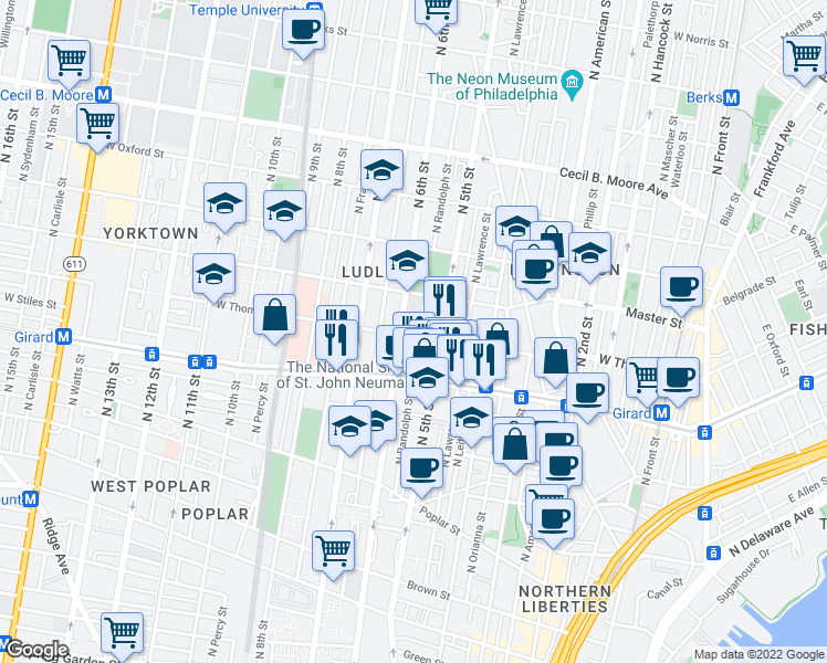 map of restaurants, bars, coffee shops, grocery stores, and more near 527 West Thompson Street in Philadelphia