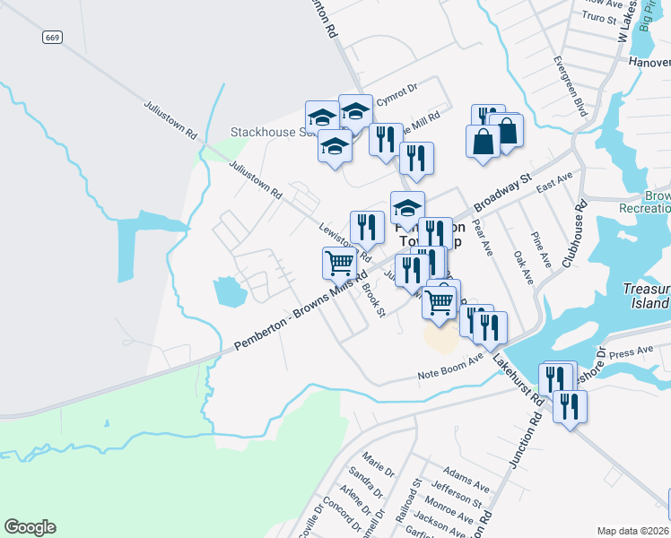 map of restaurants, bars, coffee shops, grocery stores, and more near 100 Pemberton Browns Mills Road in Pemberton Township
