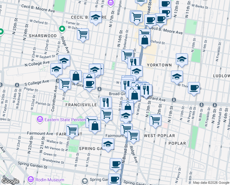 map of restaurants, bars, coffee shops, grocery stores, and more near 1521 West Girard Avenue in Philadelphia