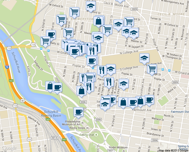 map of restaurants, bars, coffee shops, grocery stores, and more near 834 North Bambrey Street in Philadelphia