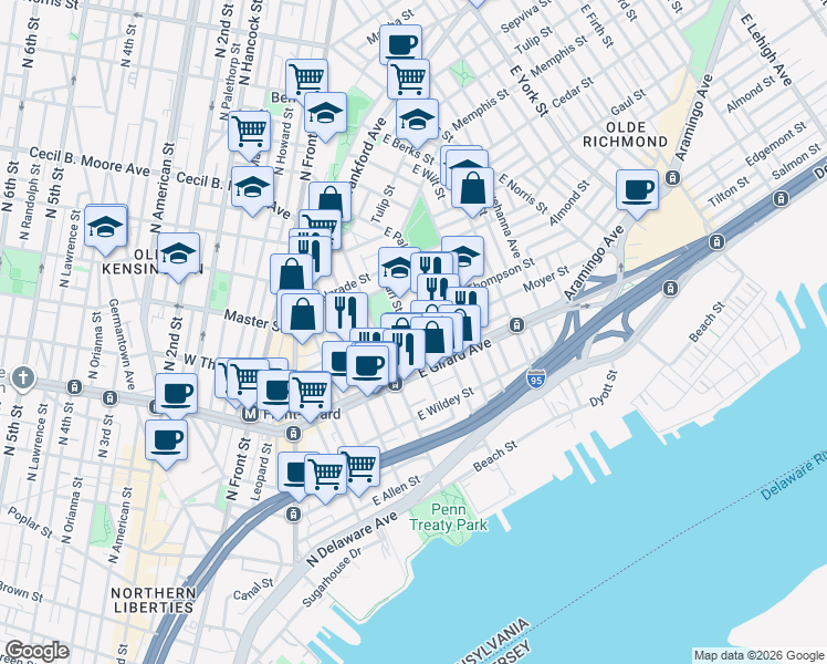 map of restaurants, bars, coffee shops, grocery stores, and more near 428 East Thompson Street in Philadelphia