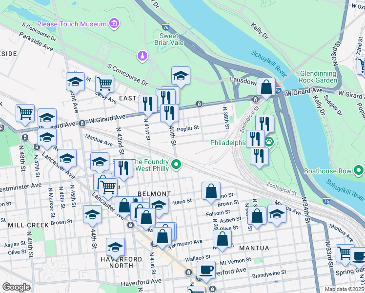 map of restaurants, bars, coffee shops, grocery stores, and more near 3964 Pennsgrove Street in Philadelphia