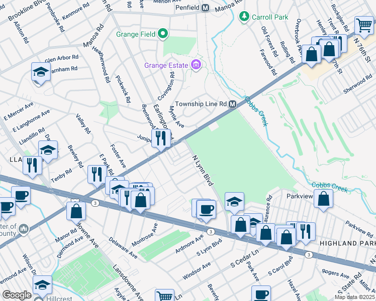 map of restaurants, bars, coffee shops, grocery stores, and more near 268 South Bayberry Lane in Delaware County