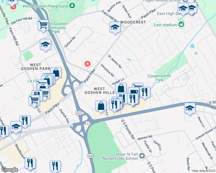 map of restaurants, bars, coffee shops, grocery stores, and more near 204 North 5 Points Road in West Chester