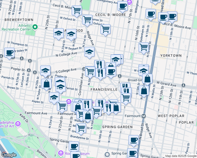 map of restaurants, bars, coffee shops, grocery stores, and more near 914 North 19th Street in Philadelphia