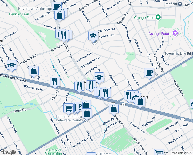 map of restaurants, bars, coffee shops, grocery stores, and more near 309 Lansdowne Road in Havertown