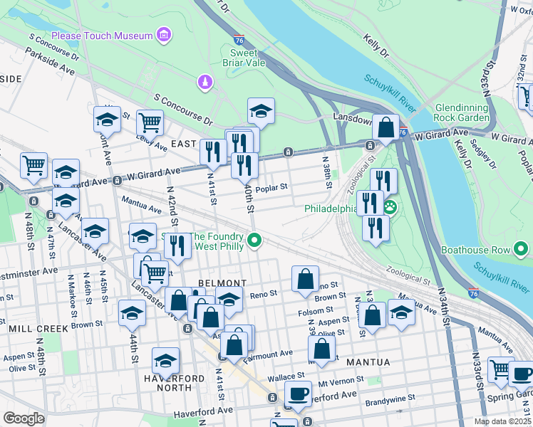 map of restaurants, bars, coffee shops, grocery stores, and more near 3958 Pennsgrove Street in Philadelphia