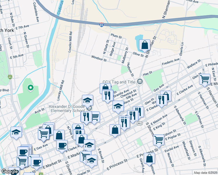 map of restaurants, bars, coffee shops, grocery stores, and more near in York