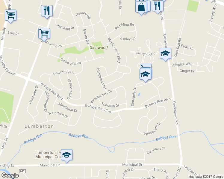 map of restaurants, bars, coffee shops, grocery stores, and more near 25 Westminster Drive in Lumberton