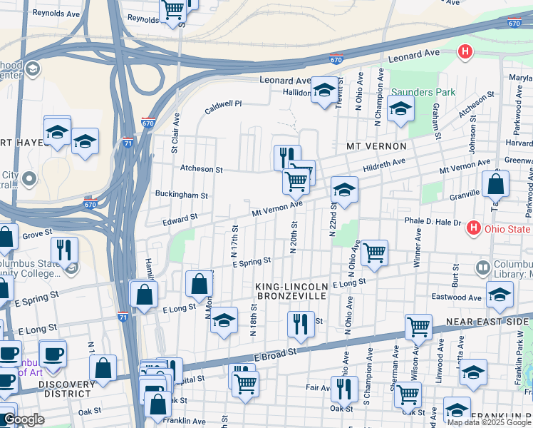 map of restaurants, bars, coffee shops, grocery stores, and more near 992 Mount Vernon Avenue in Columbus