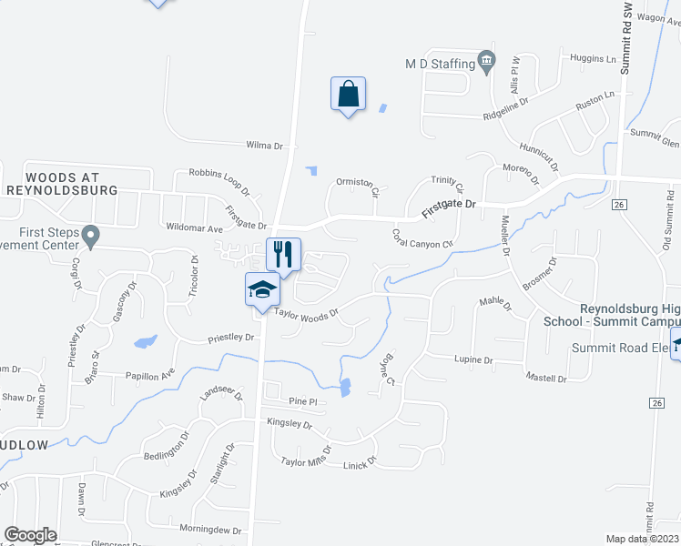 map of restaurants, bars, coffee shops, grocery stores, and more near 885 Millstream Drive in Reynoldsburg