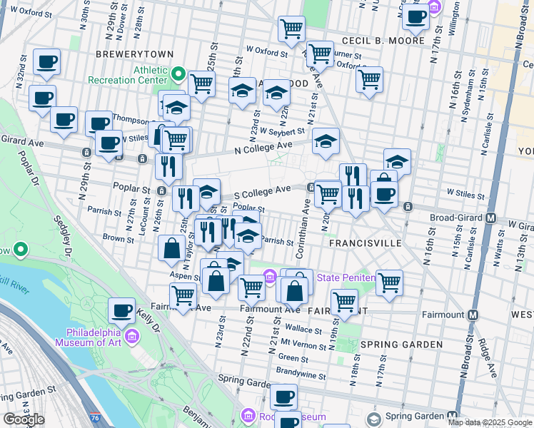 map of restaurants, bars, coffee shops, grocery stores, and more near 2124 Poplar Street in Philadelphia