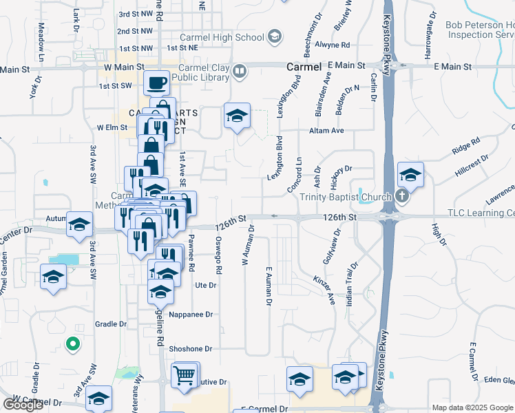 map of restaurants, bars, coffee shops, grocery stores, and more near 610 Lexington Boulevard in Carmel
