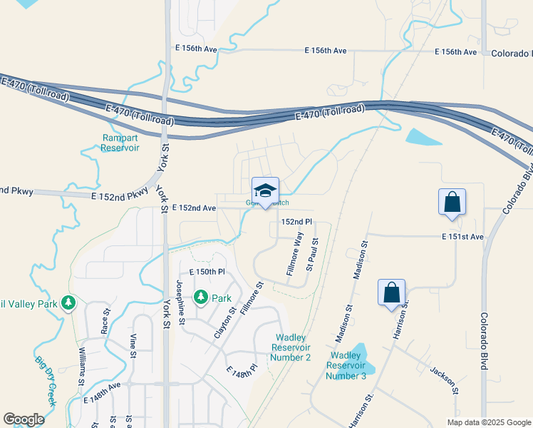 map of restaurants, bars, coffee shops, grocery stores, and more near 15101 Fillmore Street in Thornton