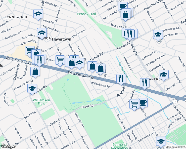 map of restaurants, bars, coffee shops, grocery stores, and more near 28 Upland Road in Havertown