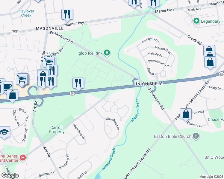 map of restaurants, bars, coffee shops, grocery stores, and more near 38 Union Mill Road in Mount Laurel Township