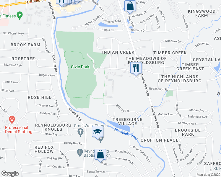 map of restaurants, bars, coffee shops, grocery stores, and more near 629 Postwoods Drive in Reynoldsburg