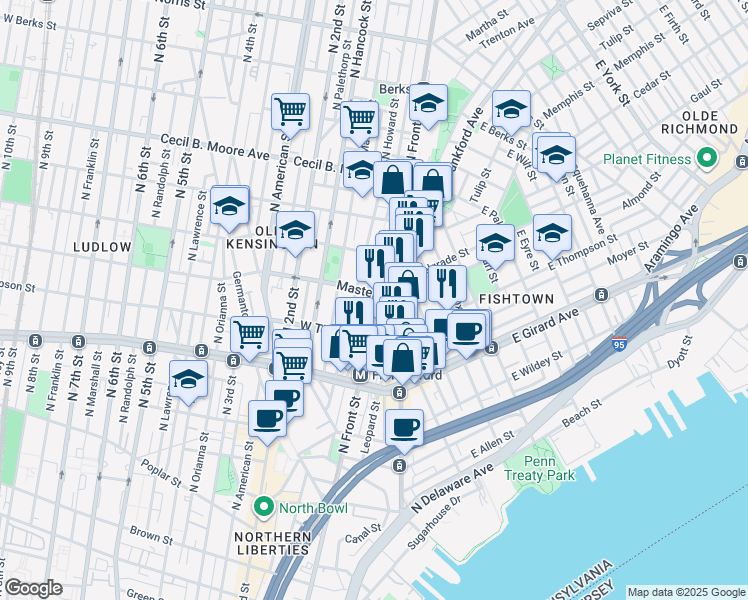 map of restaurants, bars, coffee shops, grocery stores, and more near 1405 North Front Street in Philadelphia