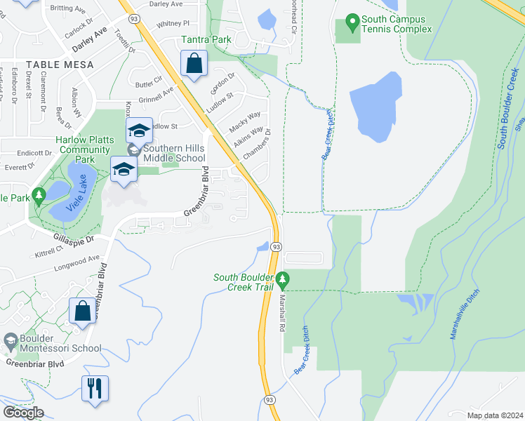 map of restaurants, bars, coffee shops, grocery stores, and more near 1590 Bradley Drive in Boulder