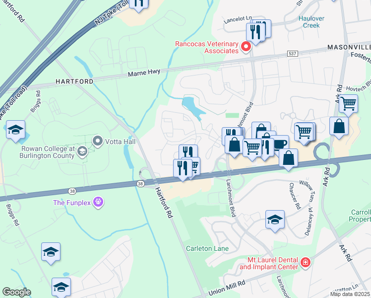 map of restaurants, bars, coffee shops, grocery stores, and more near 4904B Dunbarton Road in Mount Laurel Township