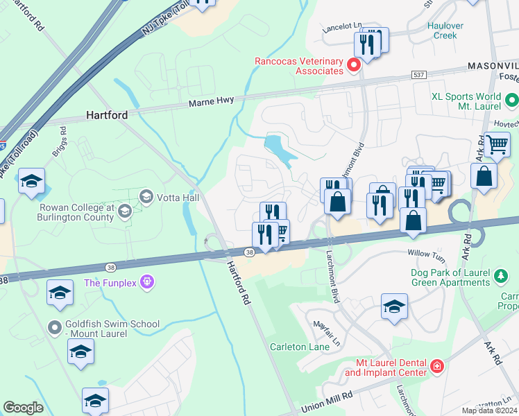 map of restaurants, bars, coffee shops, grocery stores, and more near 4904B Dunbarton Road in Mount Laurel Township