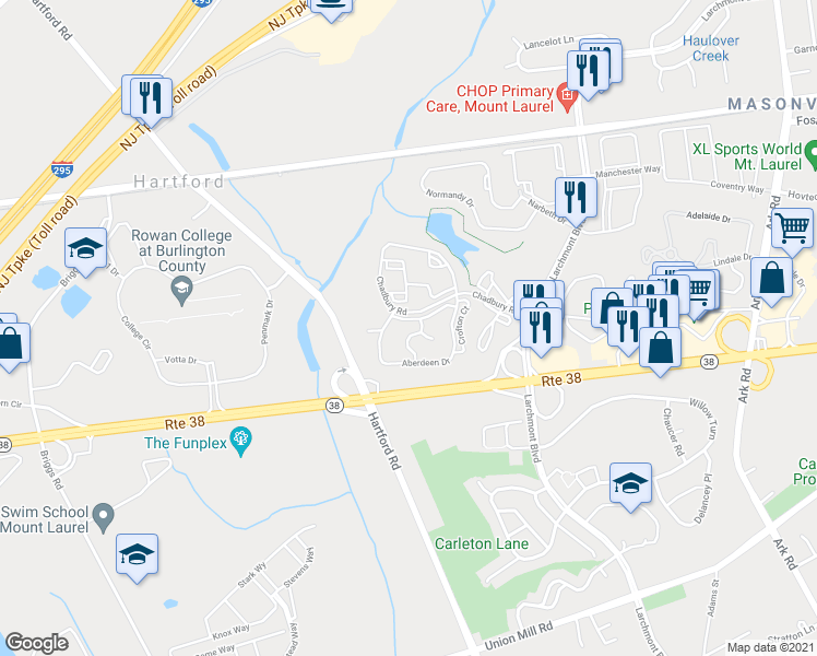 map of restaurants, bars, coffee shops, grocery stores, and more near 4301A Aberdeen Drive in Mount Laurel Township