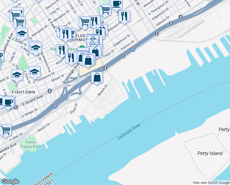 map of restaurants, bars, coffee shops, grocery stores, and more near 2015 Richmond Street in Philadelphia