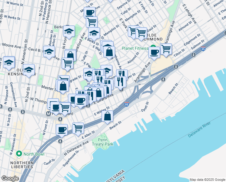 map of restaurants, bars, coffee shops, grocery stores, and more near in Philadelphia