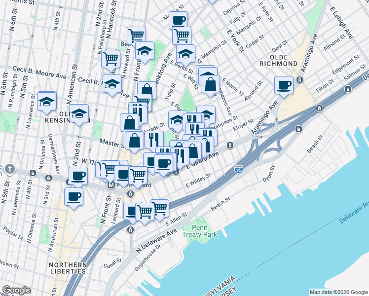 map of restaurants, bars, coffee shops, grocery stores, and more near 428 East Thompson Street in Philadelphia