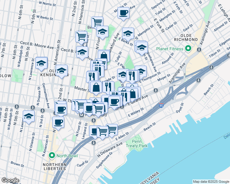 map of restaurants, bars, coffee shops, grocery stores, and more near 1319 East Oxford Street in Philadelphia