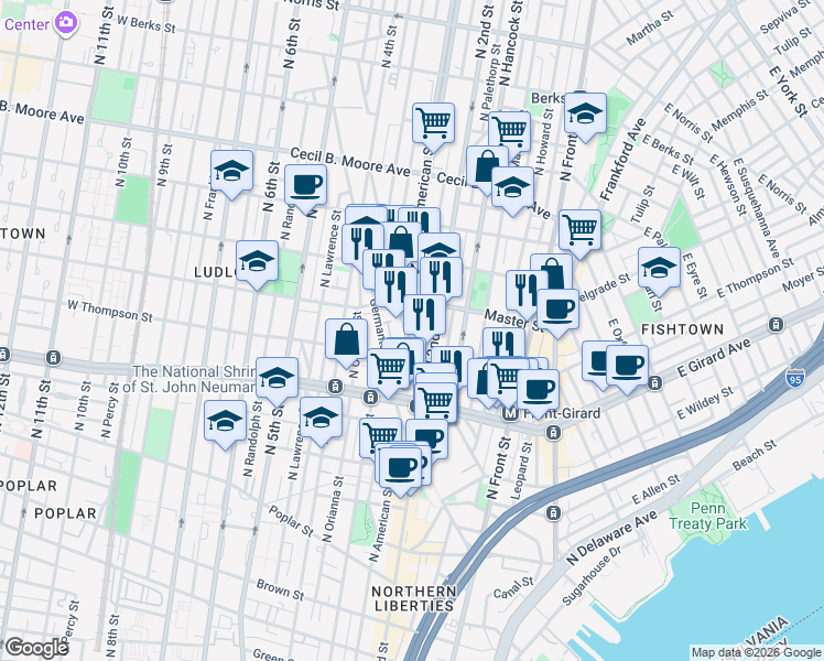 map of restaurants, bars, coffee shops, grocery stores, and more near 1350 North 2nd Street in Philadelphia