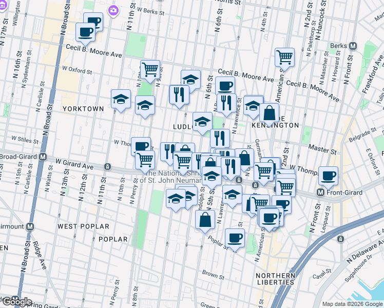 map of restaurants, bars, coffee shops, grocery stores, and more near 1309 North Marshall Street in Philadelphia