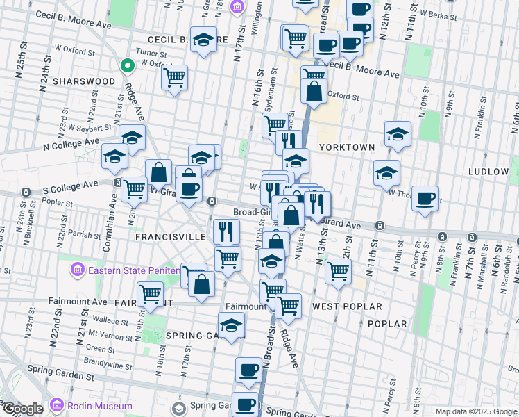 map of restaurants, bars, coffee shops, grocery stores, and more near 1521 West Girard Avenue in Philadelphia