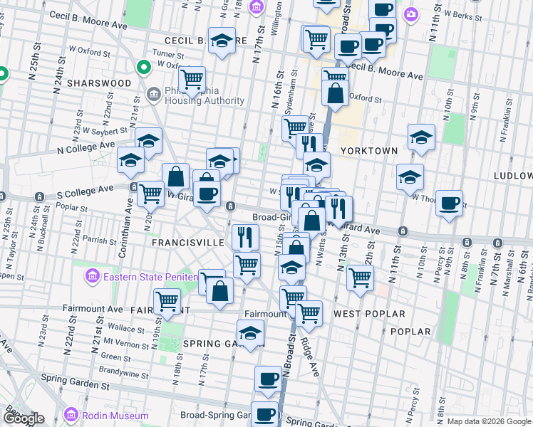 map of restaurants, bars, coffee shops, grocery stores, and more near 1521 West Girard Avenue in Philadelphia