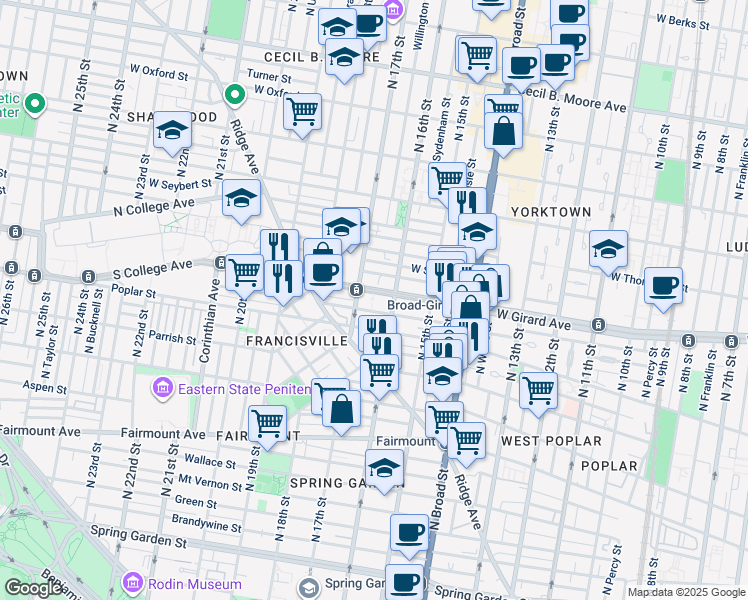 map of restaurants, bars, coffee shops, grocery stores, and more near 1617 West Girard Avenue in Philadelphia