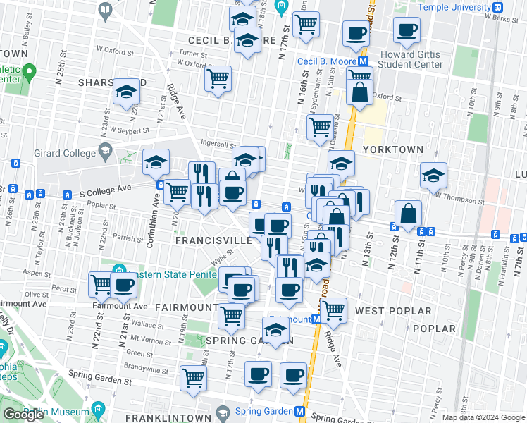 map of restaurants, bars, coffee shops, grocery stores, and more near 1617 West Girard Avenue in Philadelphia