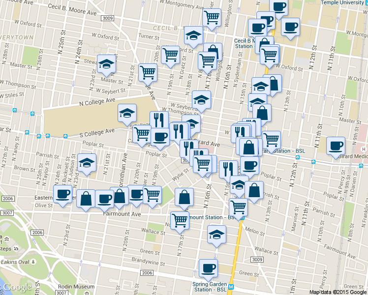 map of restaurants, bars, coffee shops, grocery stores, and more near in Philadelphia