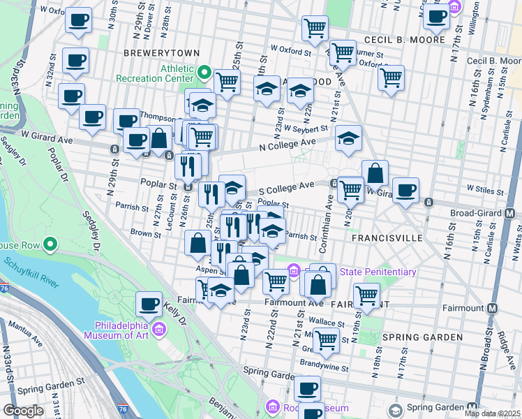 map of restaurants, bars, coffee shops, grocery stores, and more near 878 North 23rd Street in Philadelphia