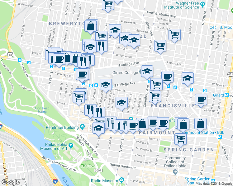 map of restaurants, bars, coffee shops, grocery stores, and more near 2216 Poplar Street in Philadelphia