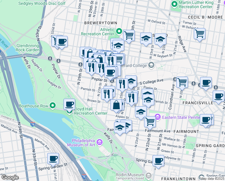 map of restaurants, bars, coffee shops, grocery stores, and more near 851 North Bambrey Street in Philadelphia