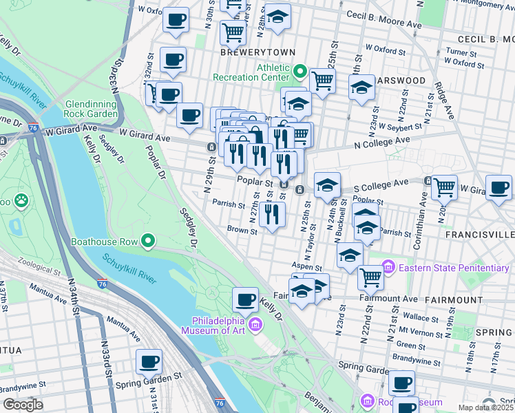 map of restaurants, bars, coffee shops, grocery stores, and more near 863 Pennock Street in Philadelphia