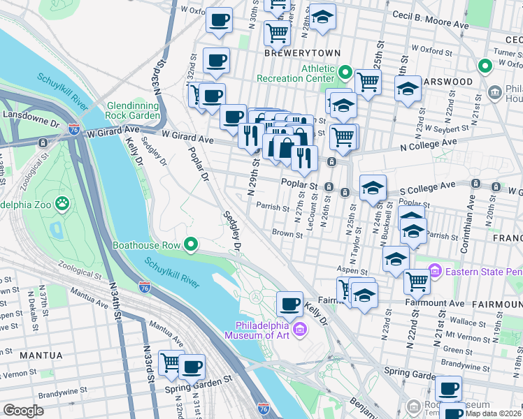 map of restaurants, bars, coffee shops, grocery stores, and more near 842 North 28th Street in Philadelphia