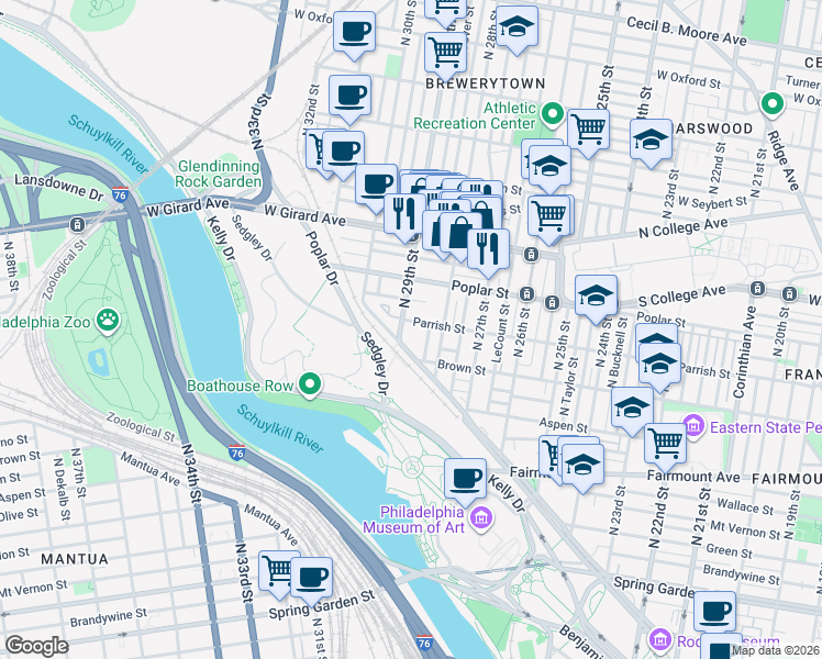 map of restaurants, bars, coffee shops, grocery stores, and more near 842 North 28th Street in Philadelphia