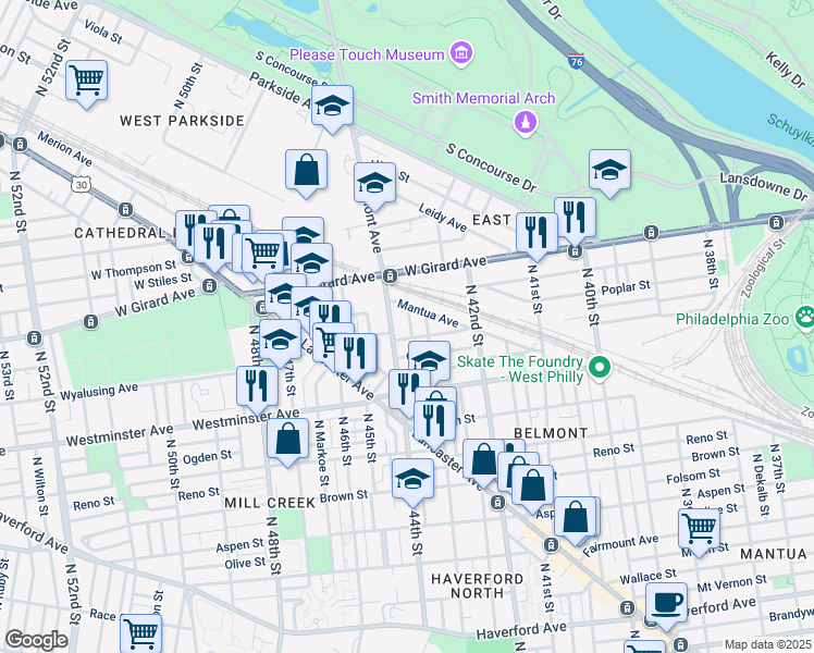 map of restaurants, bars, coffee shops, grocery stores, and more near 1031 Belmont Avenue in Philadelphia