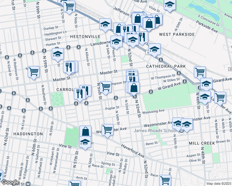 map of restaurants, bars, coffee shops, grocery stores, and more near 5319 West Stiles Street in Philadelphia