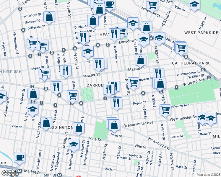 map of restaurants, bars, coffee shops, grocery stores, and more near 1245 North Frazier Street in Philadelphia