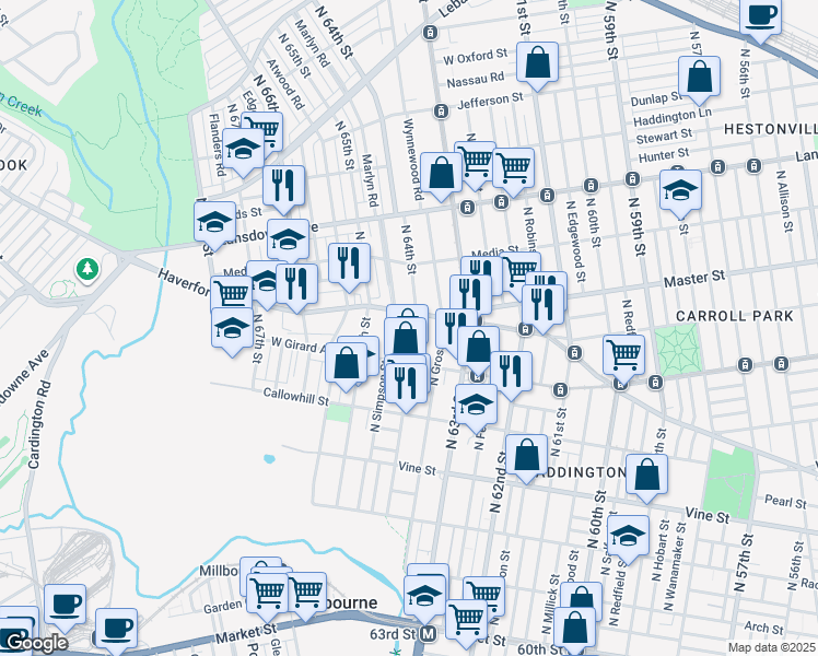 map of restaurants, bars, coffee shops, grocery stores, and more near 6416 Haverford Avenue in Philadelphia