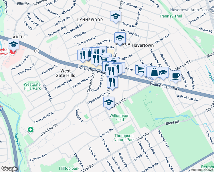 map of restaurants, bars, coffee shops, grocery stores, and more near 66 South Eagle Road in Havertown