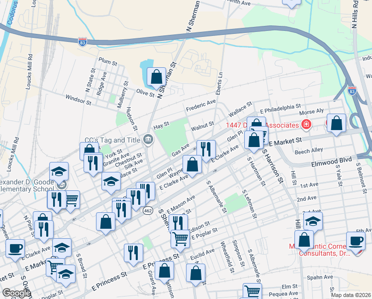 map of restaurants, bars, coffee shops, grocery stores, and more near 949 East Philadelphia Street in York