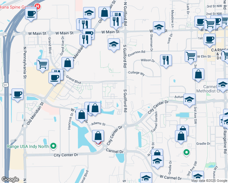 map of restaurants, bars, coffee shops, grocery stores, and more near 934 Shea Court in Carmel